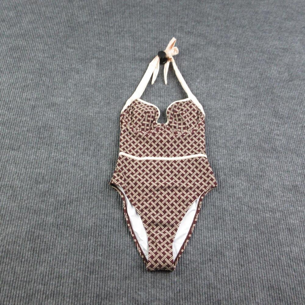 Cupshe One Piece Womens S Brown Geometric Halter Lined Padded Built-In Bra NWT